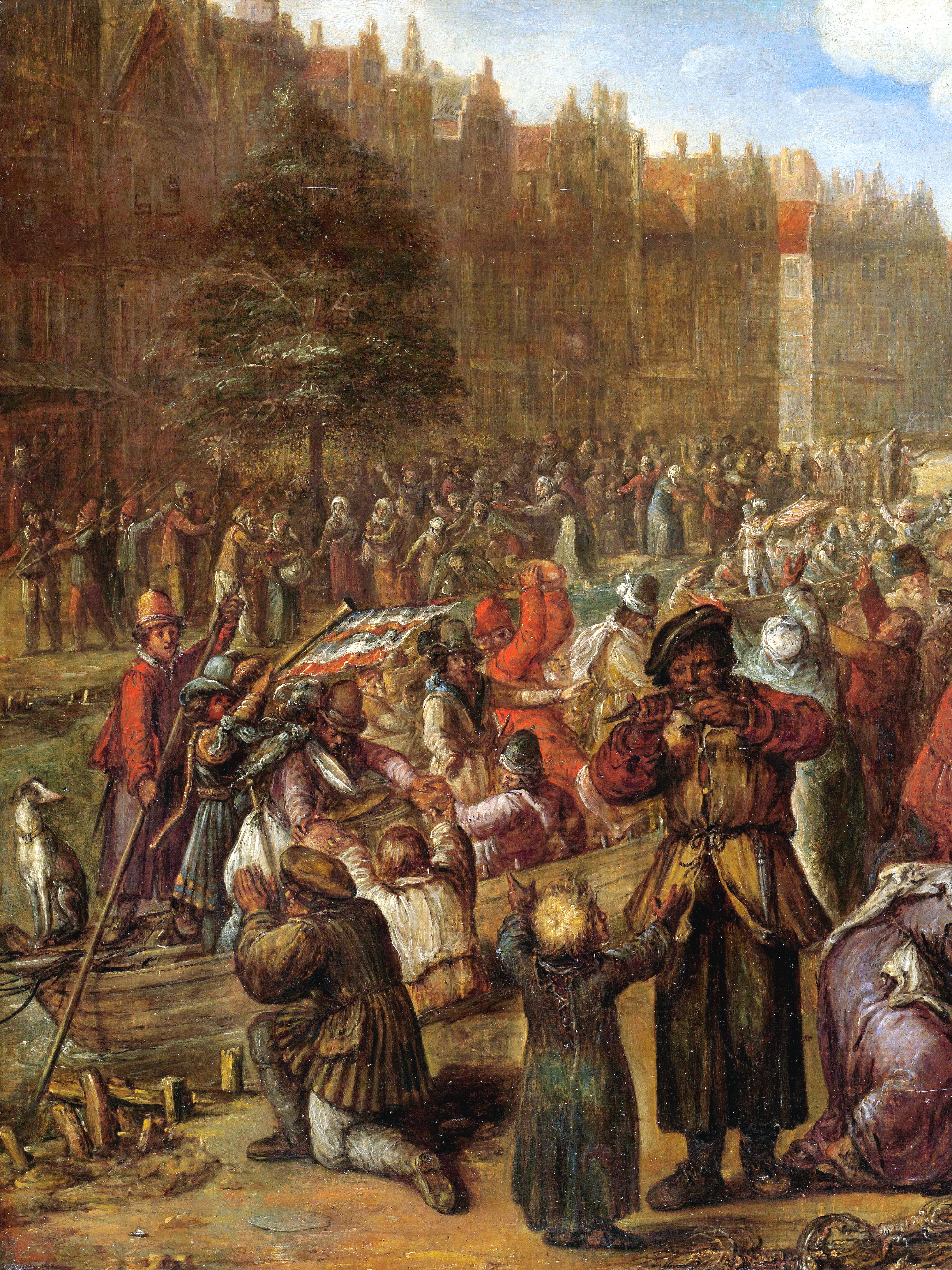 Schilderij van het beleg van de stad Leiden. Op de achtergrond zijn schutters te zien. 