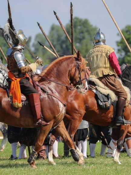 Foto van cavalerie te paard bij een re-enactment.  