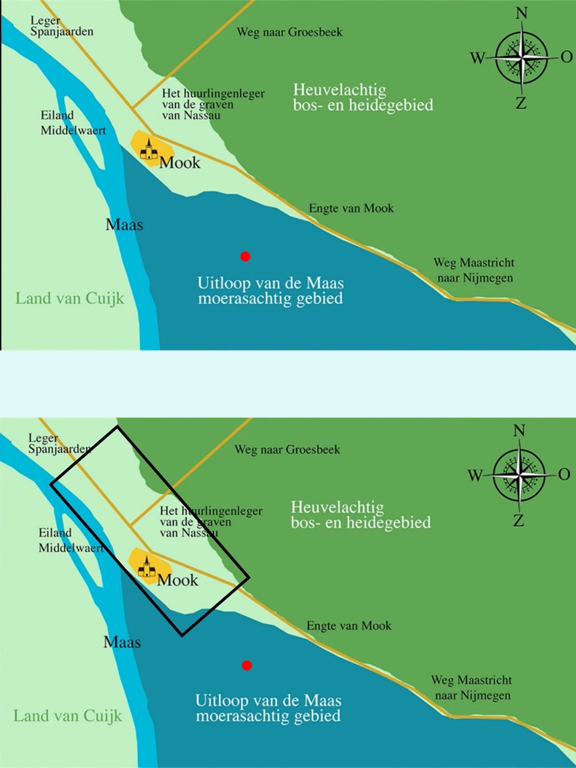 2 identieke  kaarten boven elkaar van Mook en omgeving aan de hand waarvan uitleg gegeven gaat worden.  