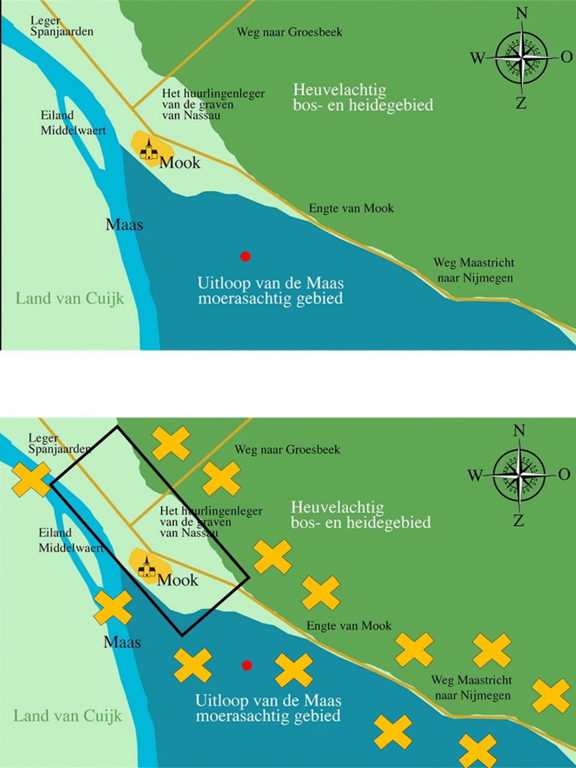 De onderste kaart zijn gele kruizen bij gekomen langs de Maas, het moeras en op de Mookerheide. 